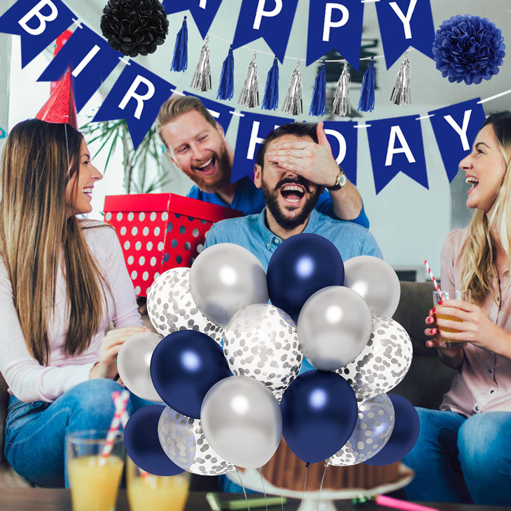 Ouddy Party Blue Birthday Balloons - Happy Birthday Banner Silver Blue Confetti Latex Balloons Paper Poms Tassels Decorations for Men